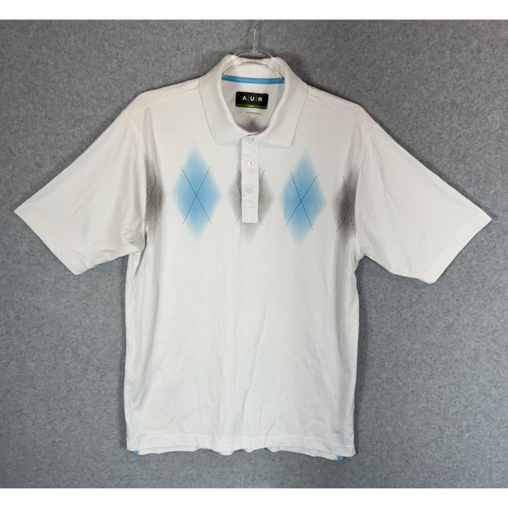 AUR Aware Polo Shirt Mens Medium White Blue Argyle Golf Performance Short Sleeve